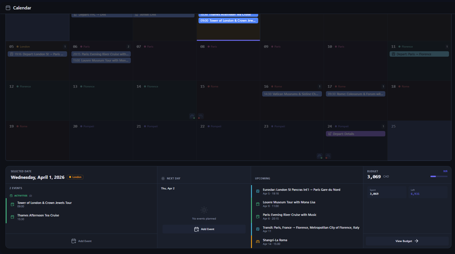 Waylora calendar with color-coded trip legs and the day planner panel