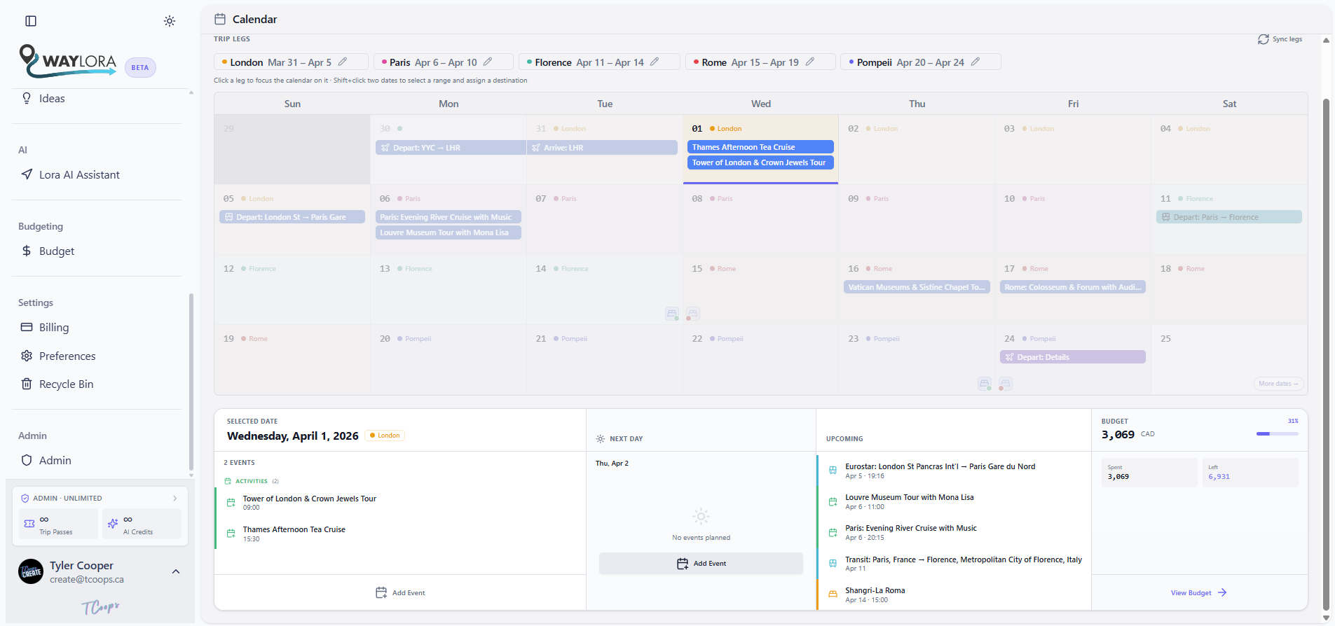 Waylora calendar with color-coded trip legs and the day planner panel